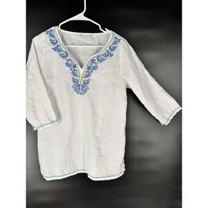 Tommy Bahama Womens Embroidered 100% Linen Tunic Sz M 3/4 Sleeve Split Neck